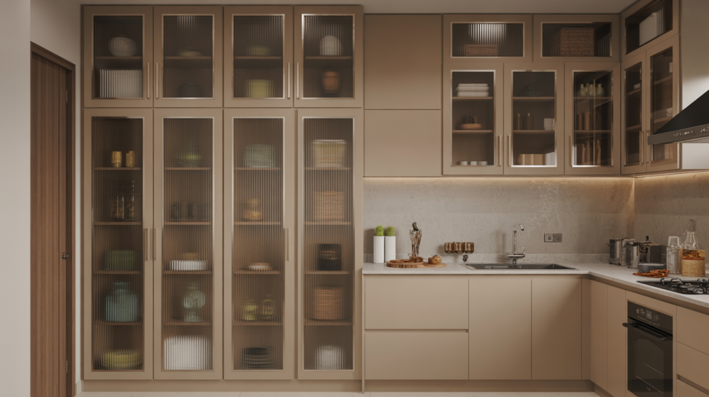 Refined kitchen wardrobe design with fluted glass cabinets and soft beige tones