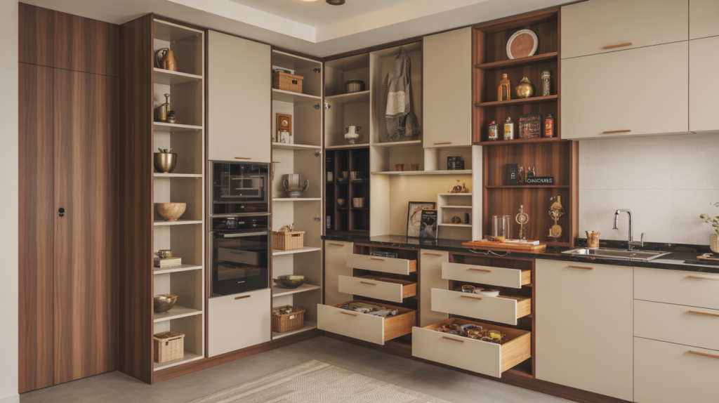 Smart kitchen wardrobe design with pull-out drawers and open shelf storage