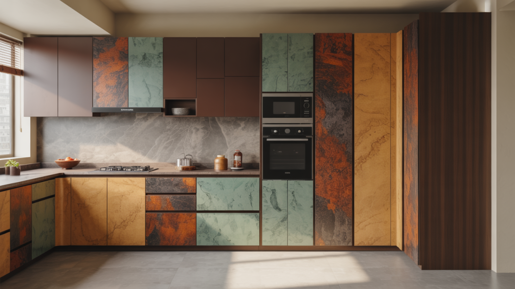 Vibrant kitchen wardrobe design with textured sunmica colour laminate panels