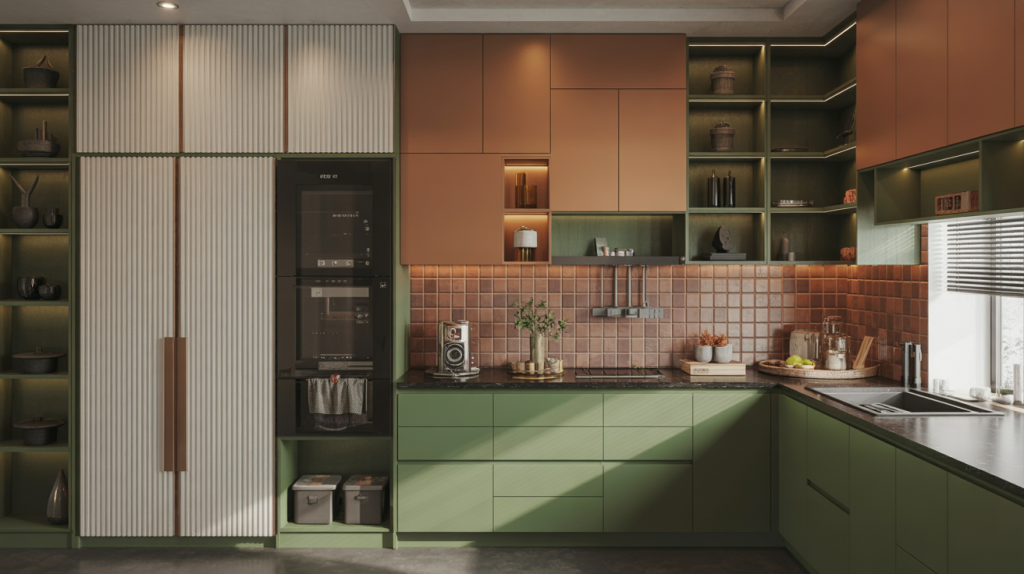 Bold kitchen wardrobe design with green drawers and ribbed panelled storage