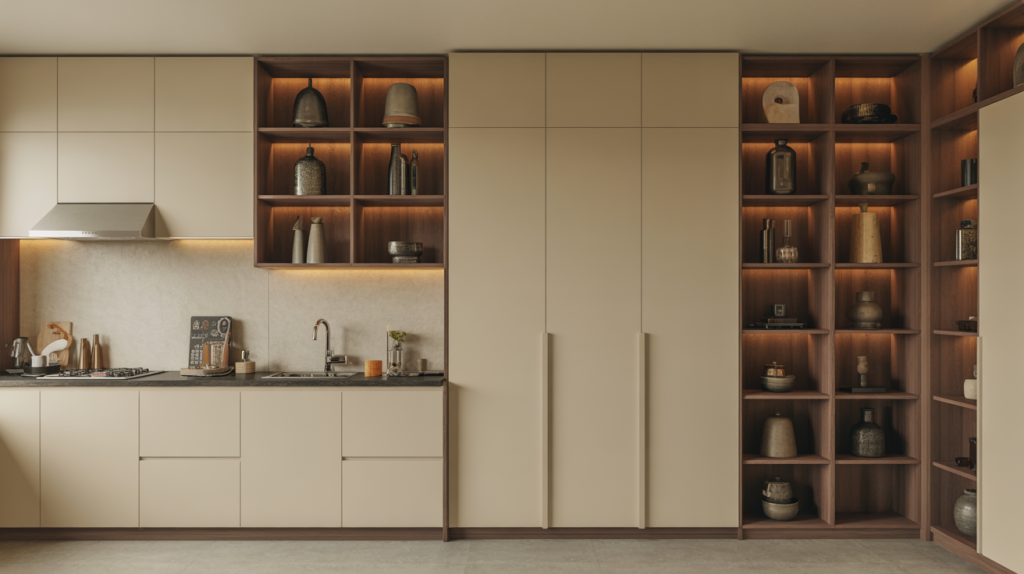 Warm lighting enhances kitchen wardrobe design with sleek beige cabinets and shelves