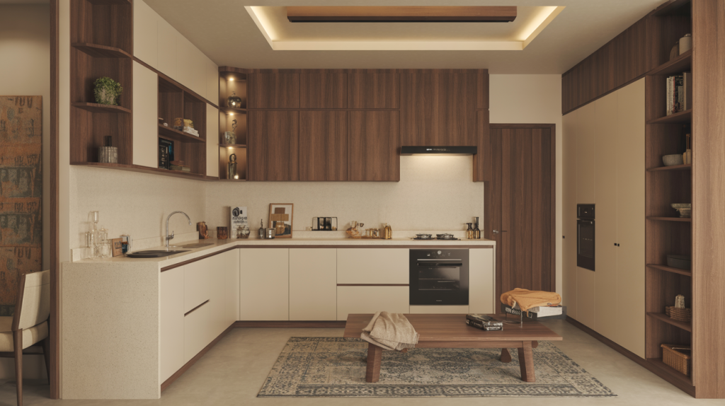 Cozy kitchen wardrobe design with wood finish cabinets and integrated layout