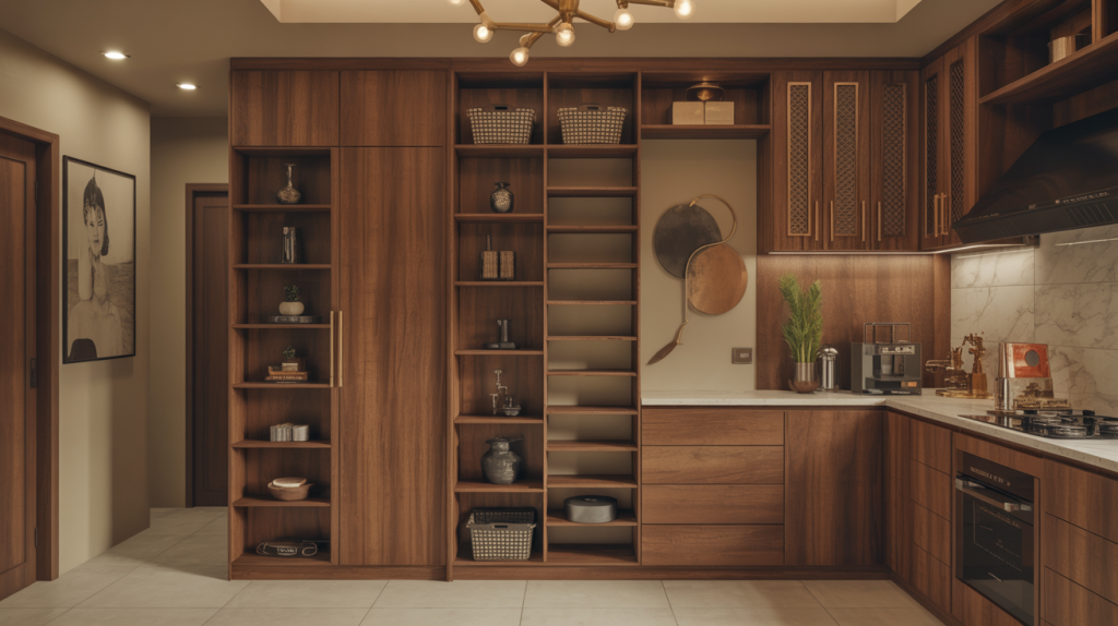 Elegant kitchen wardrobe design with open shelves and wooden cabinet styling