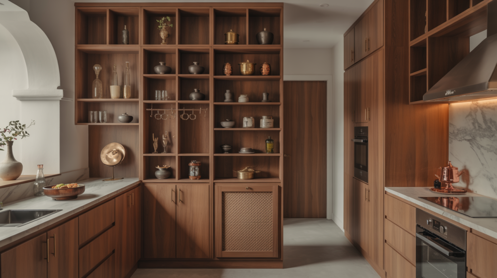 Modern kitchen wardrobe design with open wooden shelves and display storage