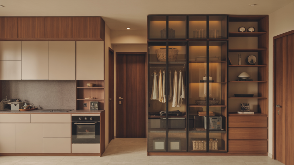 Luxury kitchen wardrobe design with glass cabinets and modern open storage units