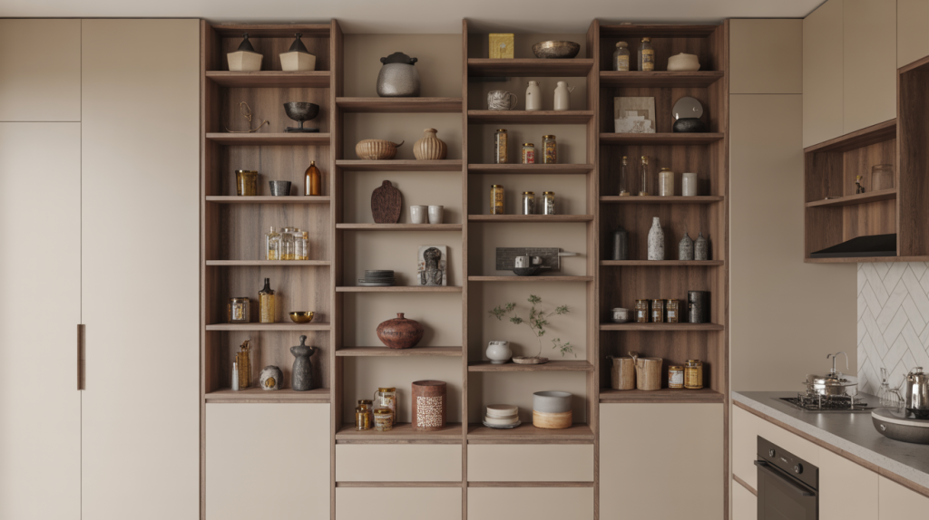 Open kitchen wardrobe design with beige cabinets and decorative wooden shelving