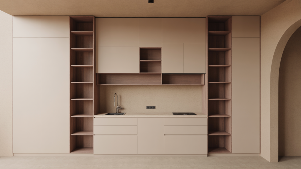 Minimal kitchen wardrobe design with clean beige cabinets and vertical shelving