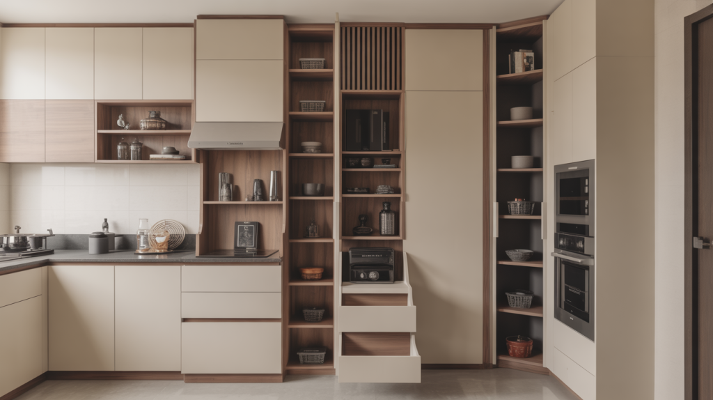 Minimalist kitchen wardrobe design with drawers and open wooden shelving