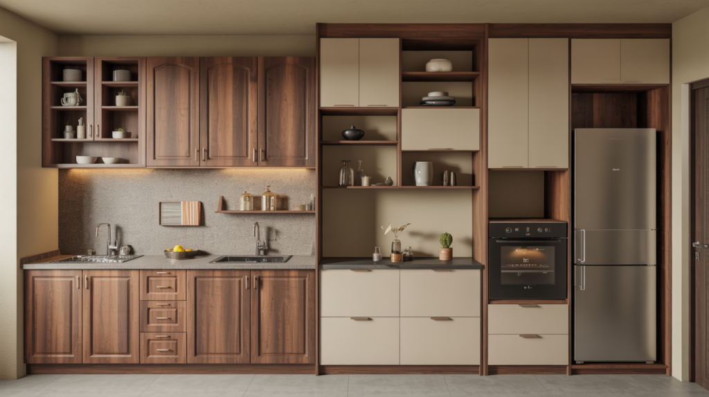 Transitional kitchen wardrobe design with wooden cabinets and open shelving unit