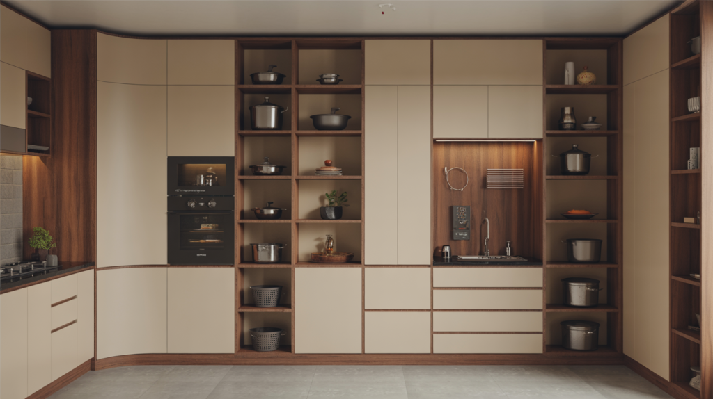 Streamlined kitchen wardrobe design with utensil storage and modern cabinetry