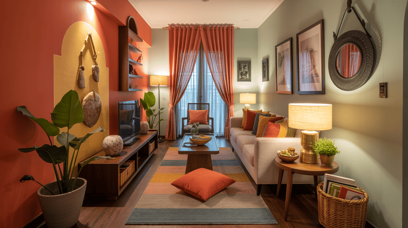 Colourful long living room with Indian decor and smart seating