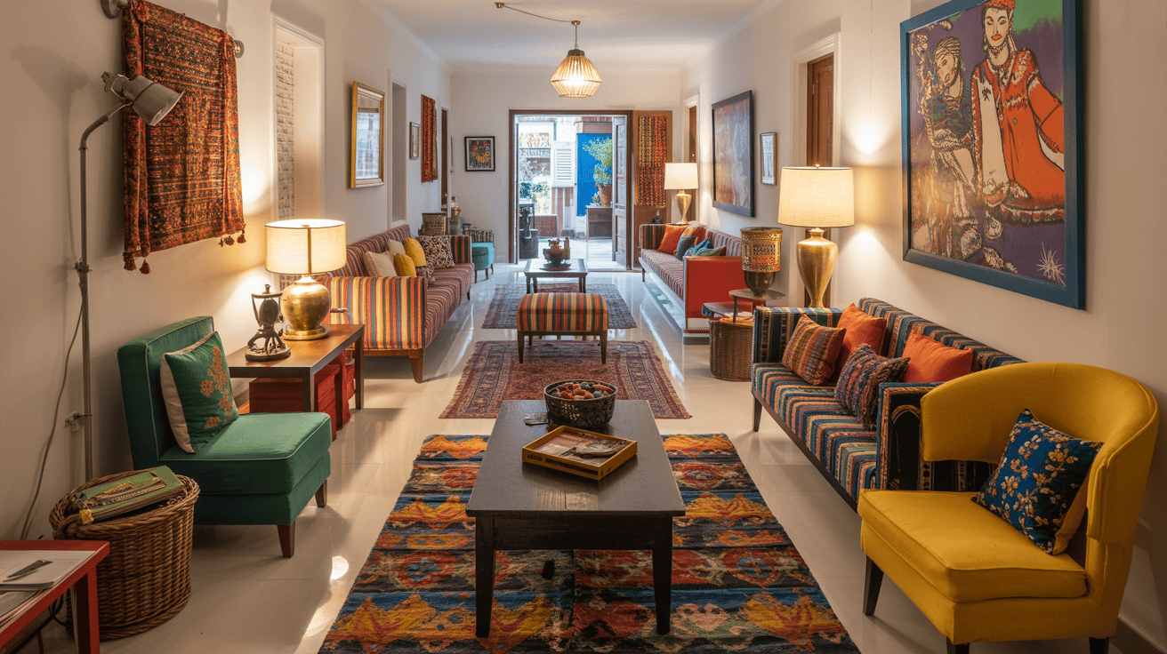 Vibrant long and narrow living room ideas with Indian eclectic style