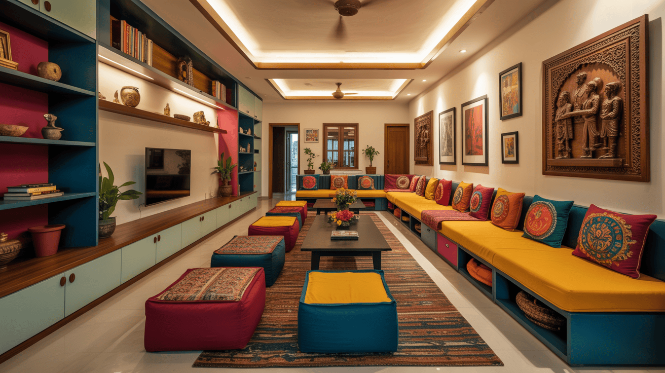 Vibrant long and narrow living room ideas with Indian seating layout
