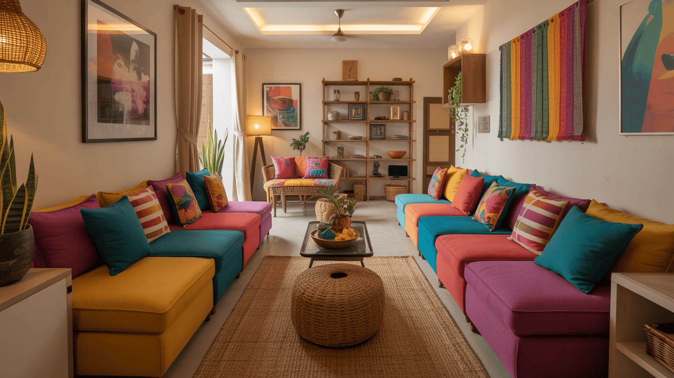 Colorful long narrow living room ideas with vibrant seating and cozy lighting