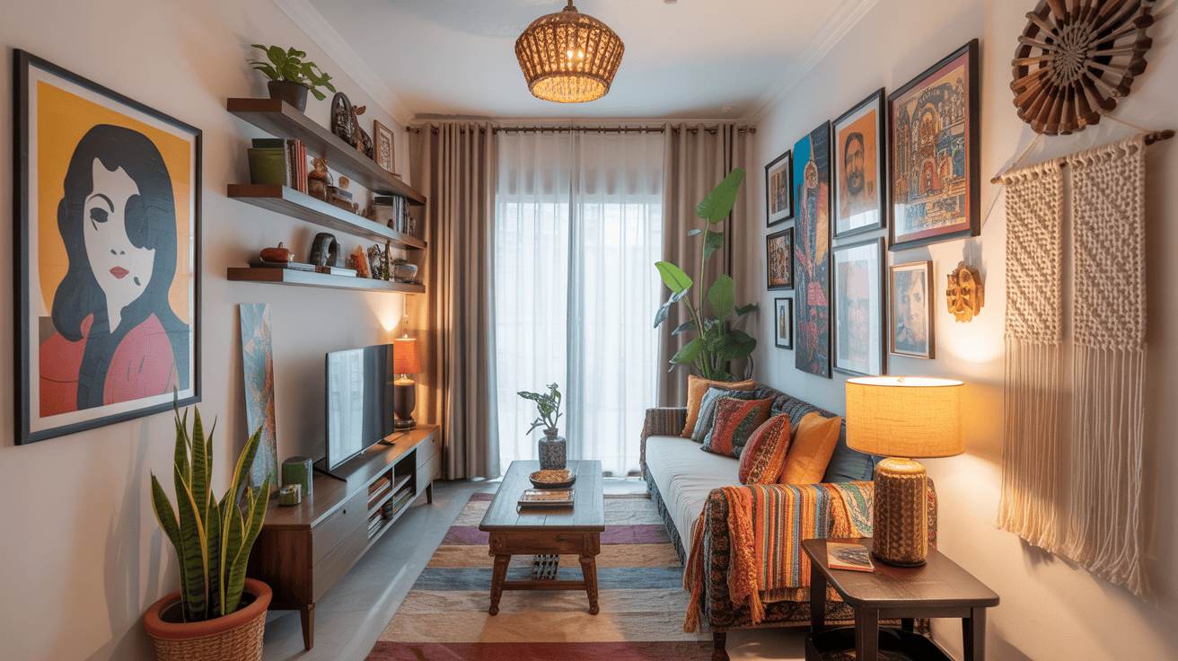 Eclectic long and narrow living room ideas with wall art and plants