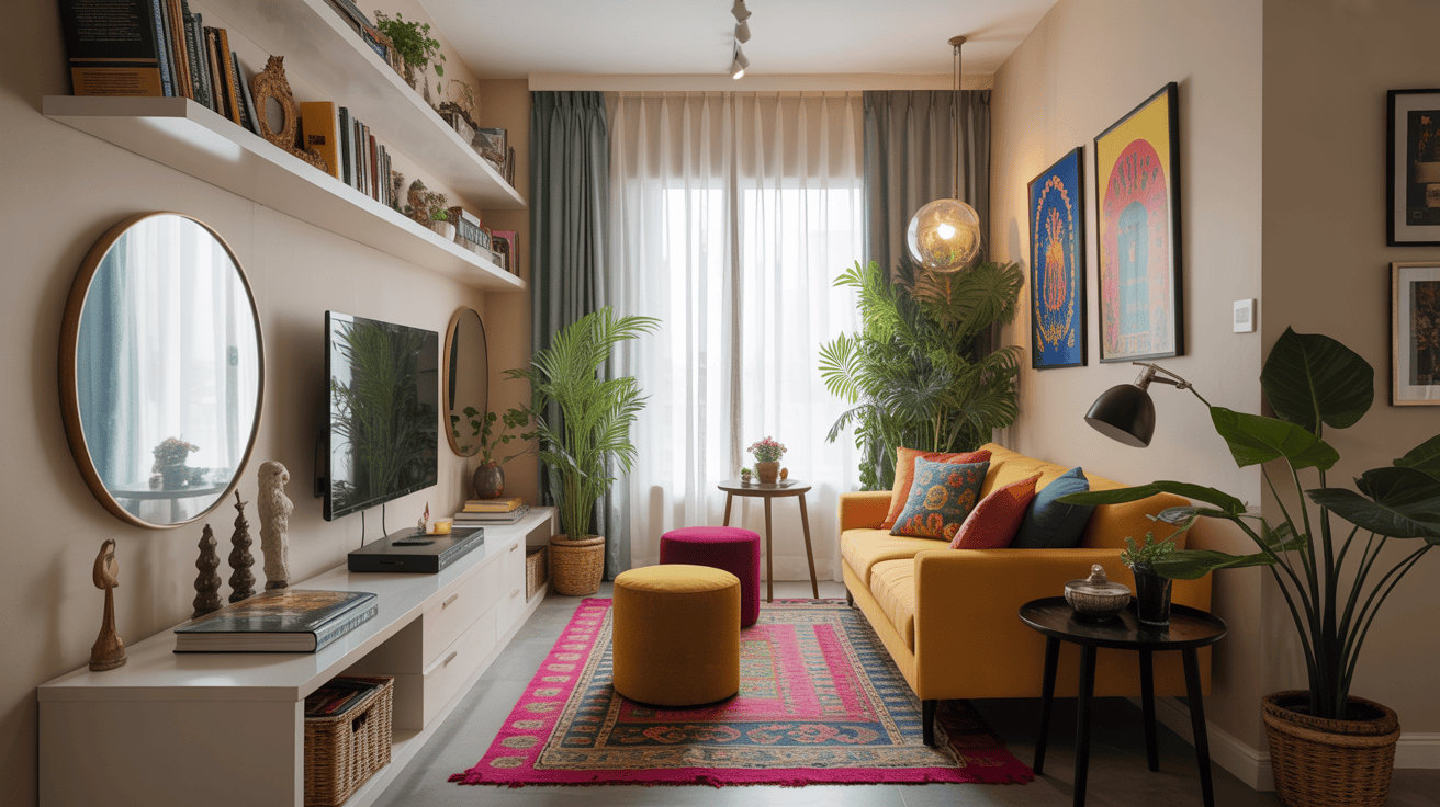 Colorful long and narrow living room ideas with plants and vibrant accents