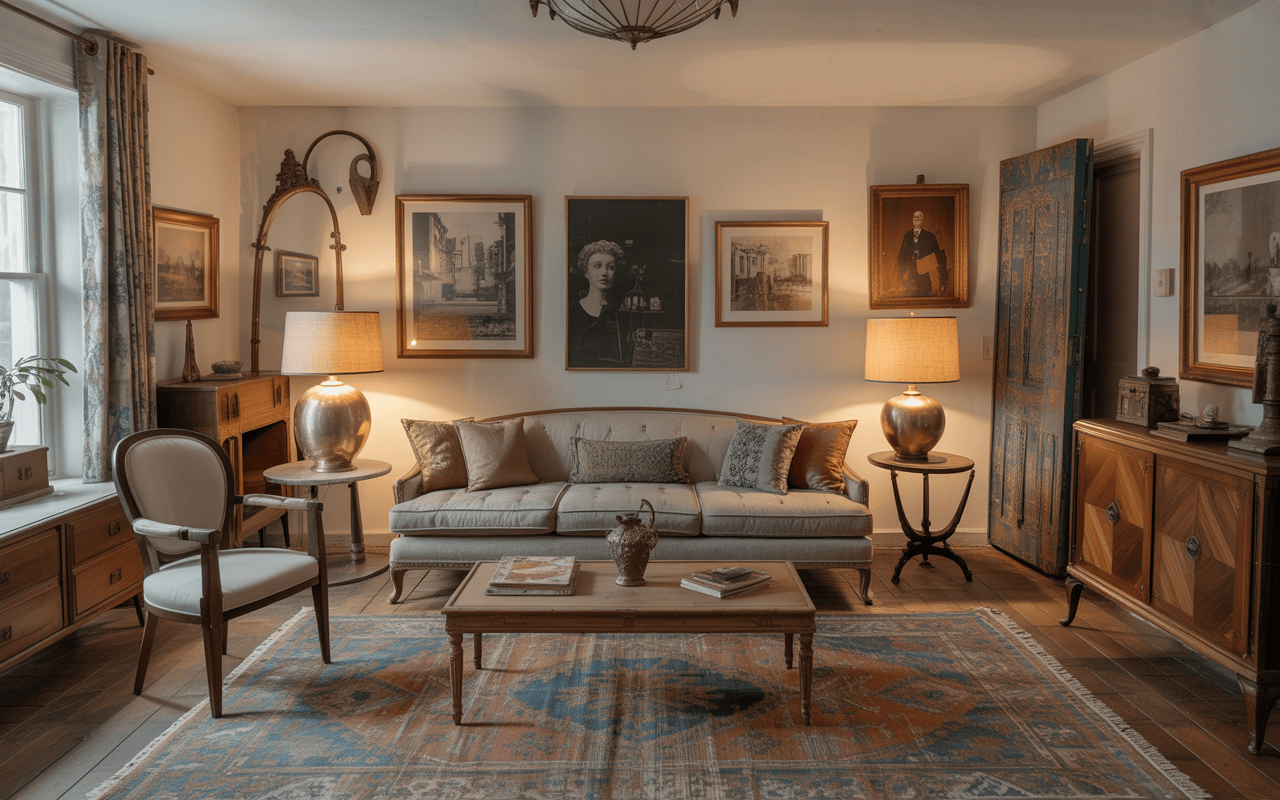 Elegant living room themes with vintage art, gold accents and royal ambiance
