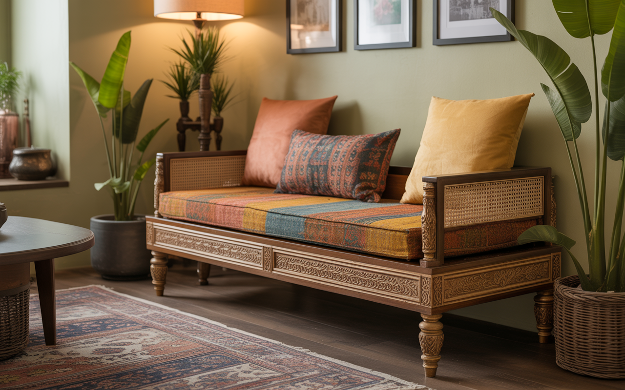 Traditional living room benches with intricate carvings and vibrant ethnic cushions