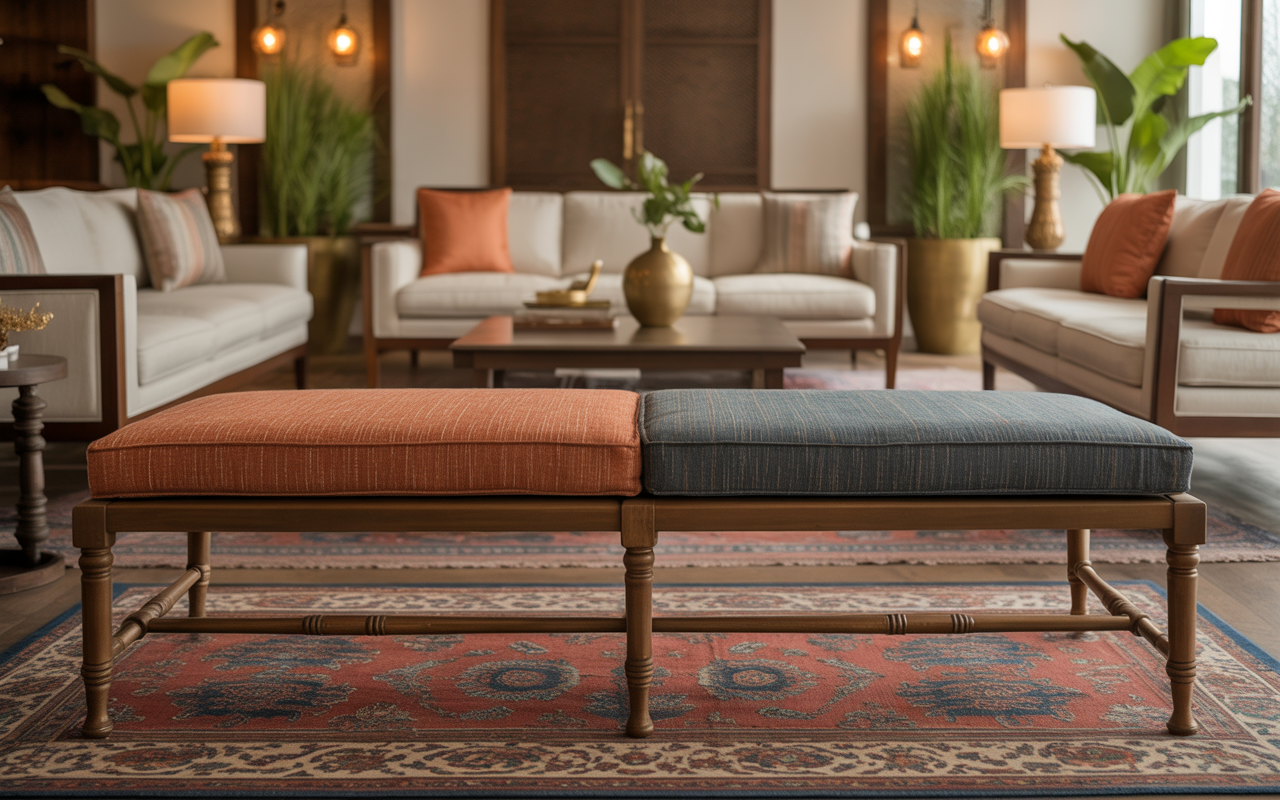 Classic living room benches with dual cushions in an elegant seating setup