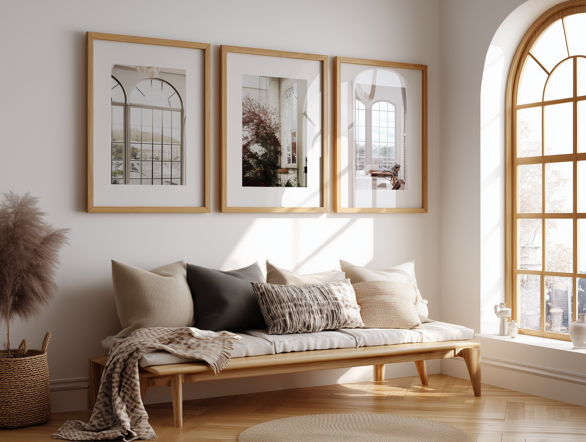 Elegant living room benches add charm and comfort near arched windows