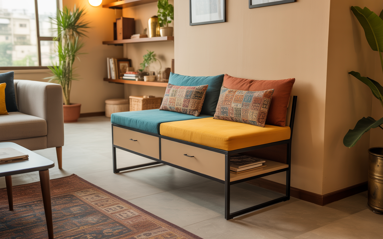 Modern living room benches with bold cushions and built-in drawer storage