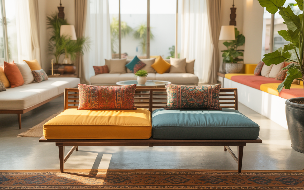 Vibrant living room benches with dual cushions and slatted wooden backrest