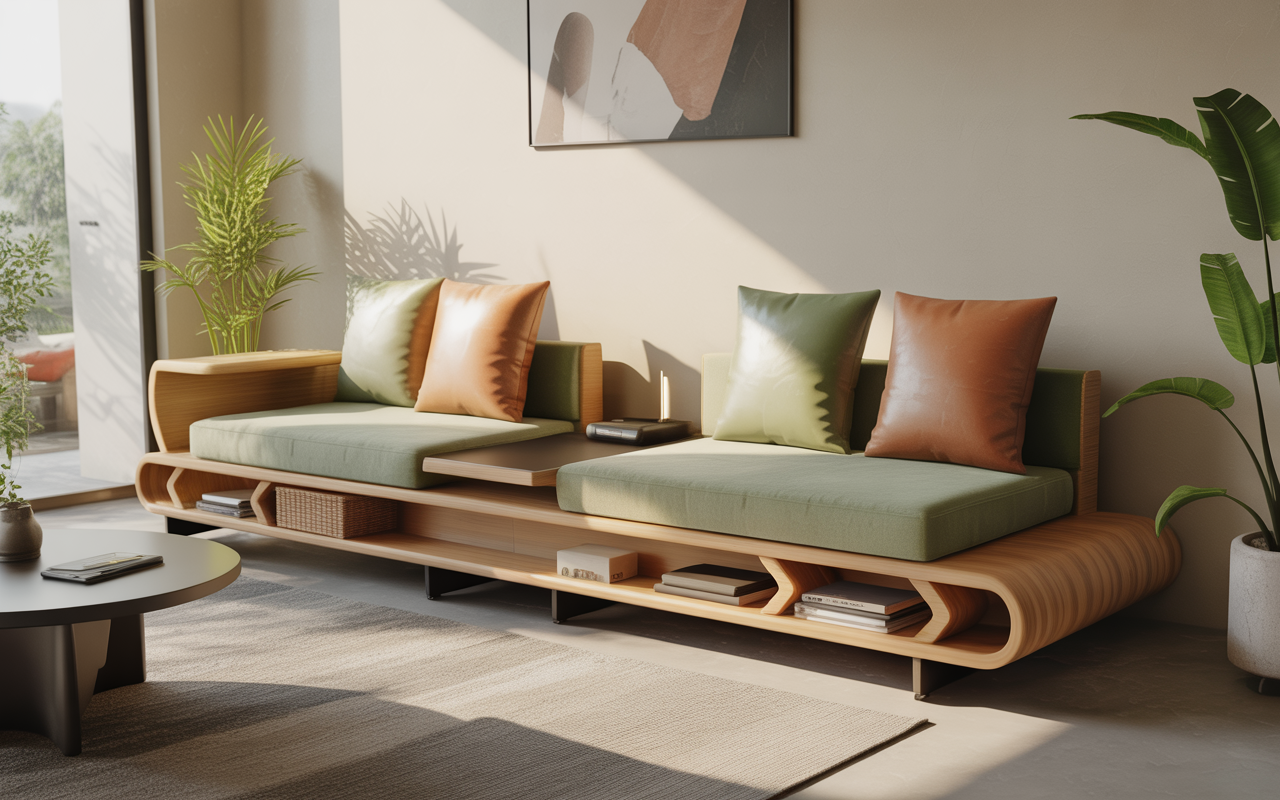 Curved-edge living room benches with built-in storage and green cushions