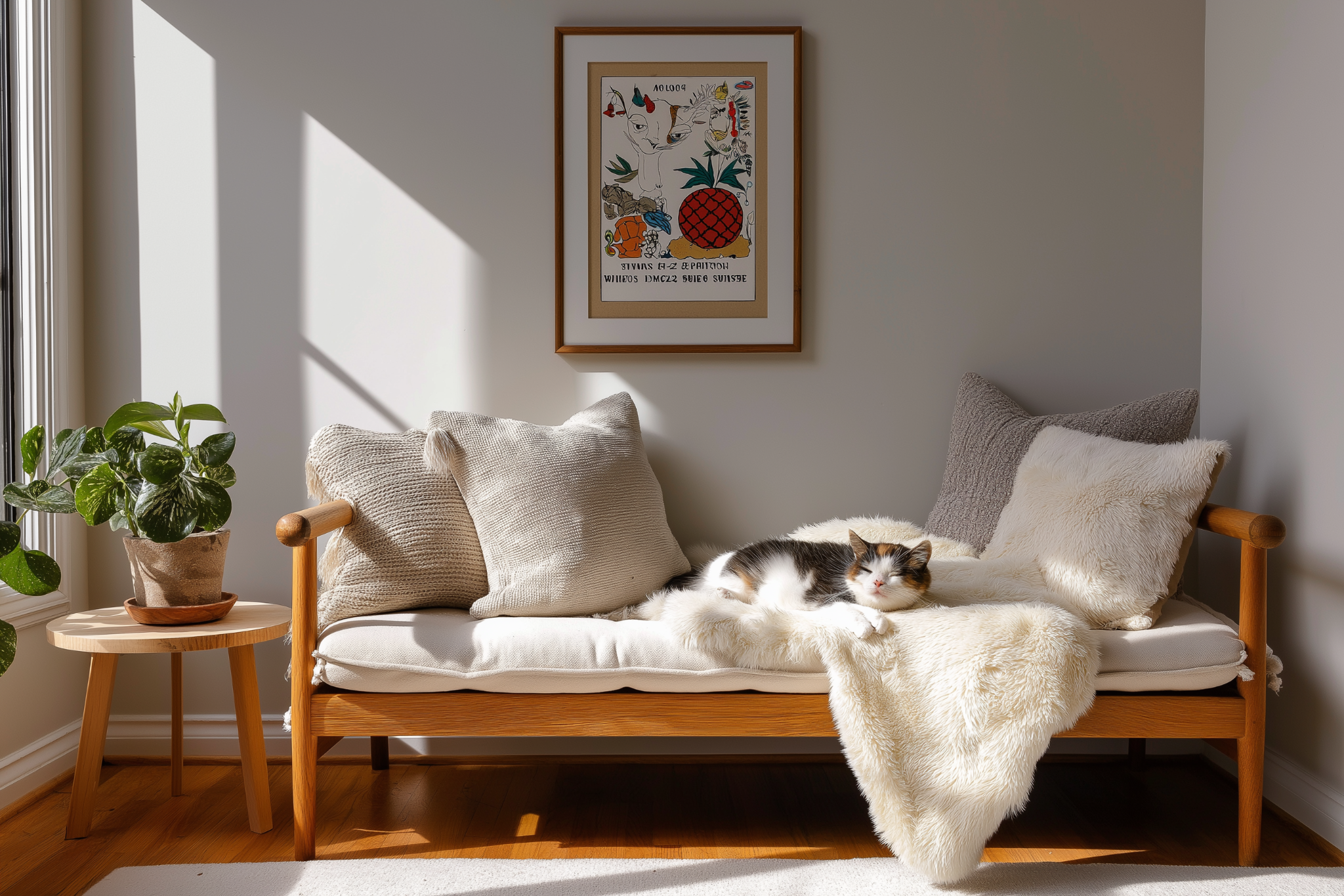 Cozy living room benches with cushions, fur throw, and a cat lounging in sun