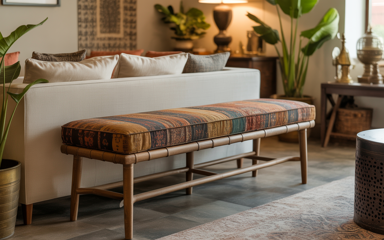 Boho-style living room benches placed stylishly behind a neutral-toned sofa