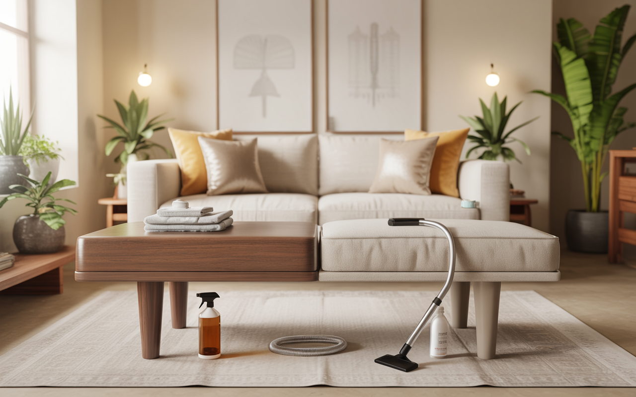 Functional living room benches with attached cleaning tools and neutral seating