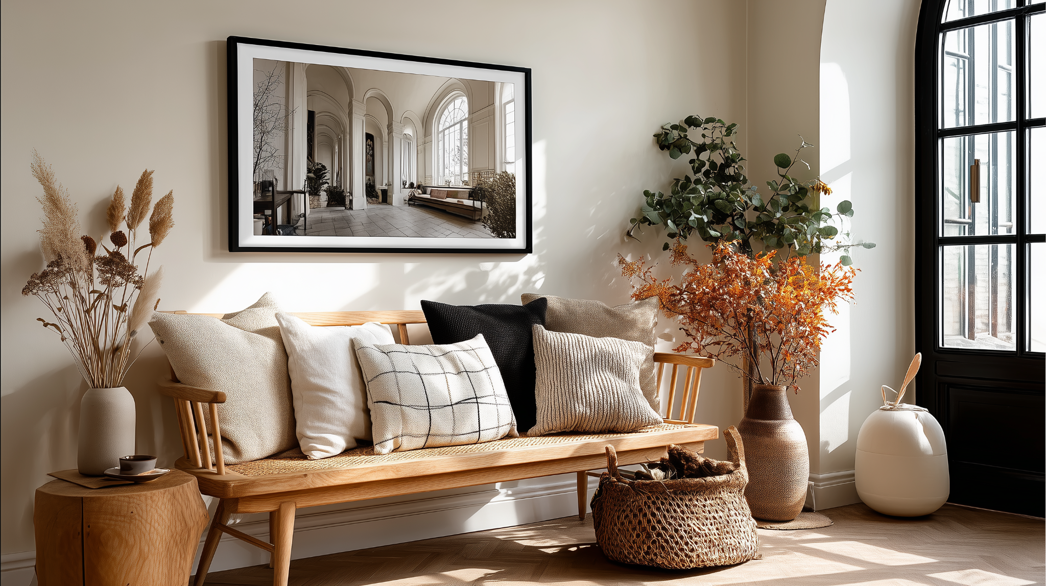 Scandinavian-style living room benches with neutral cushions and warm decor