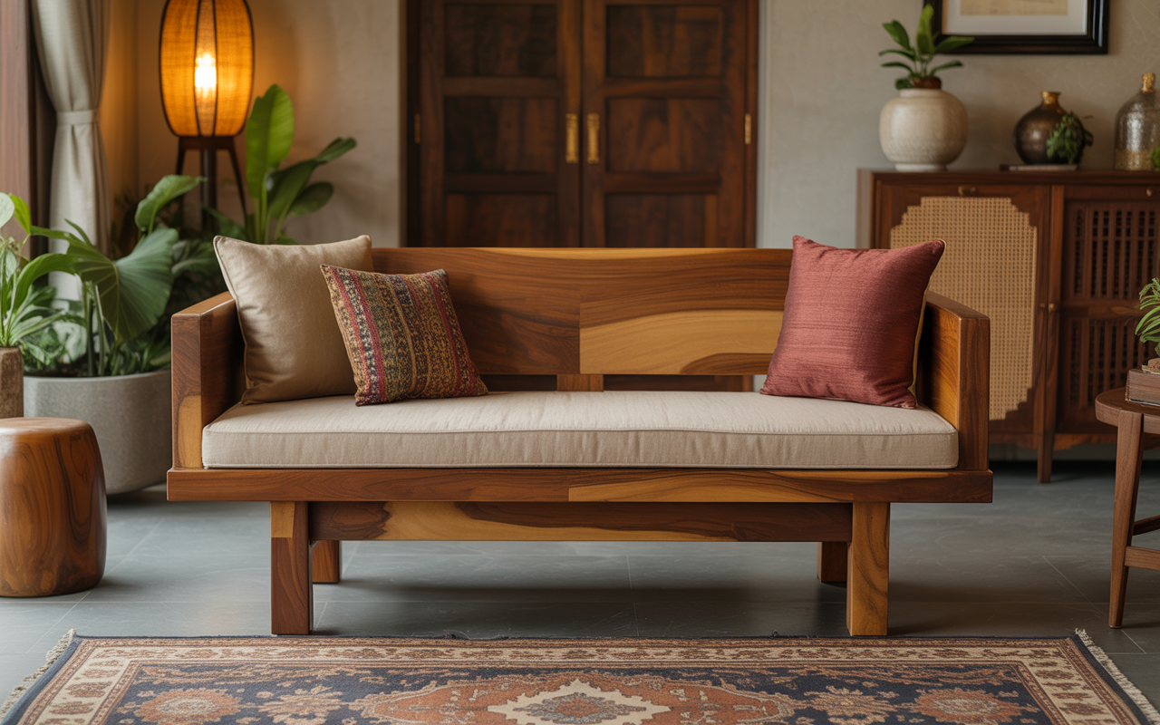 Elegant living room benches with backrest in solid natural wood finish