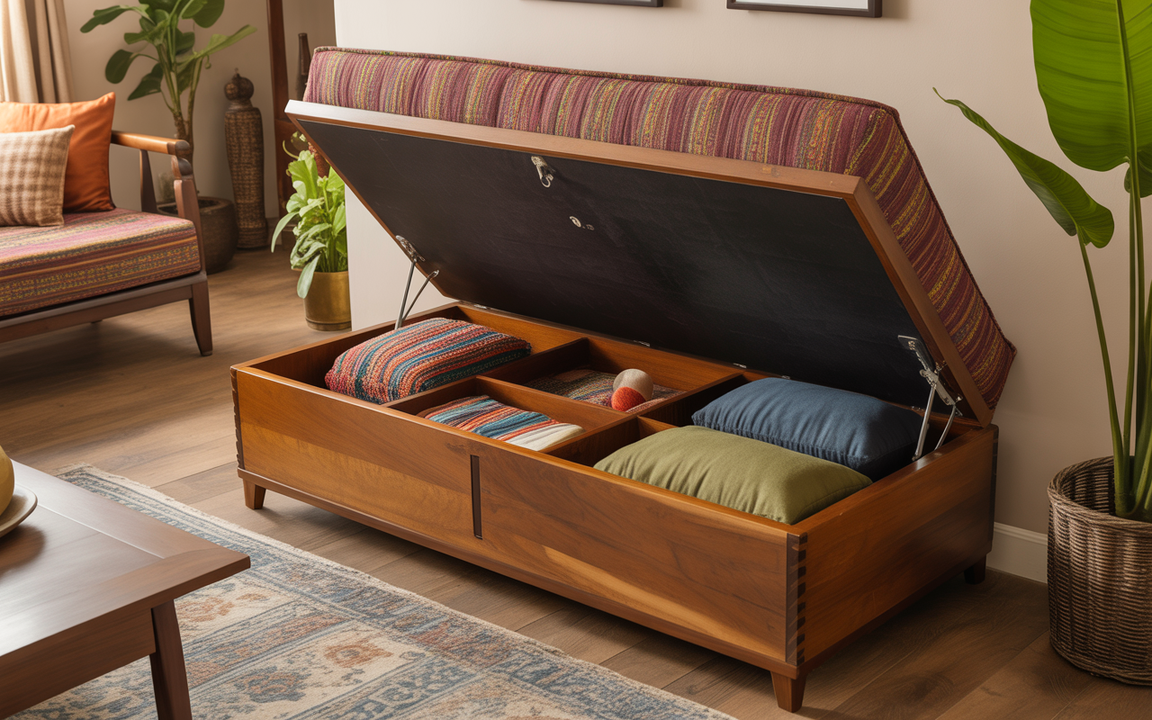 Wooden living room benches with smart lift-top storage and vibrant cushions