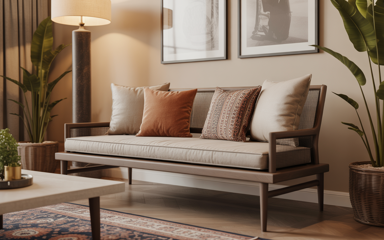 Neutral-toned living room benches with cane backrest and plush throw pillows