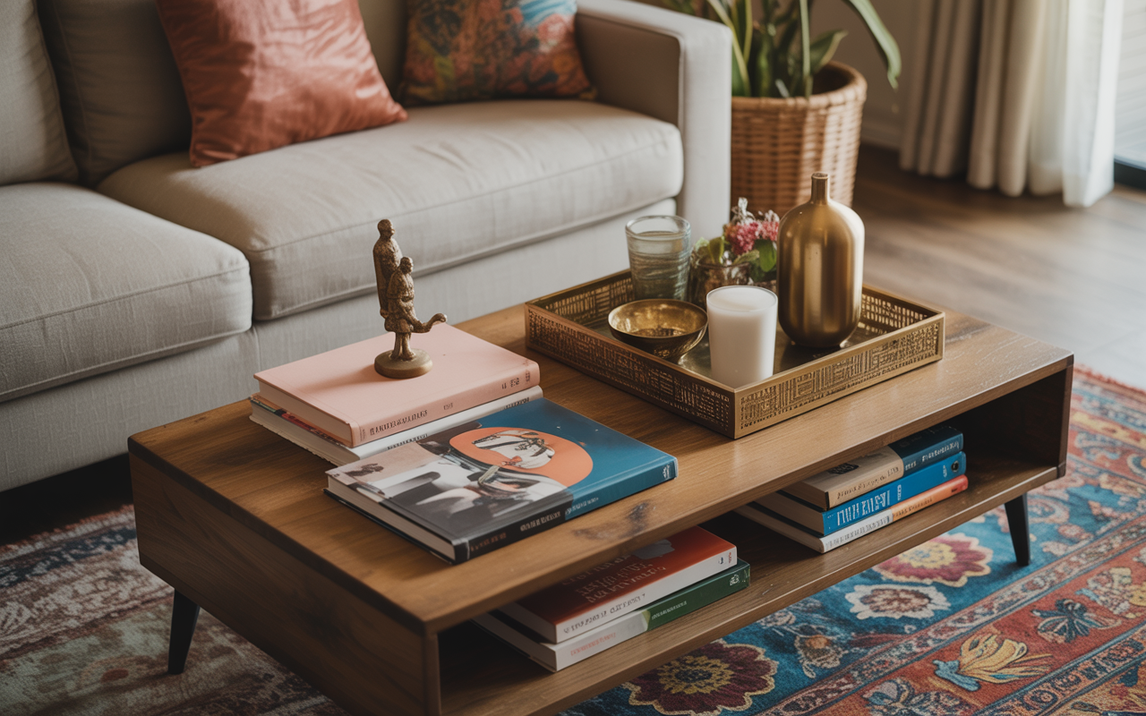 Coffee table decor with books tray and elegant golden accents