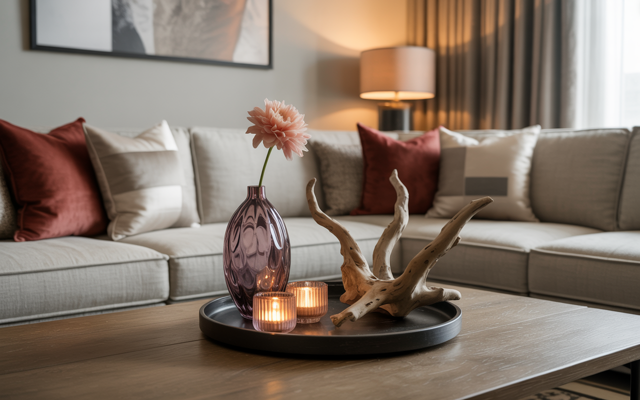 Coffee table tray decor with candles and elegant centrepiece