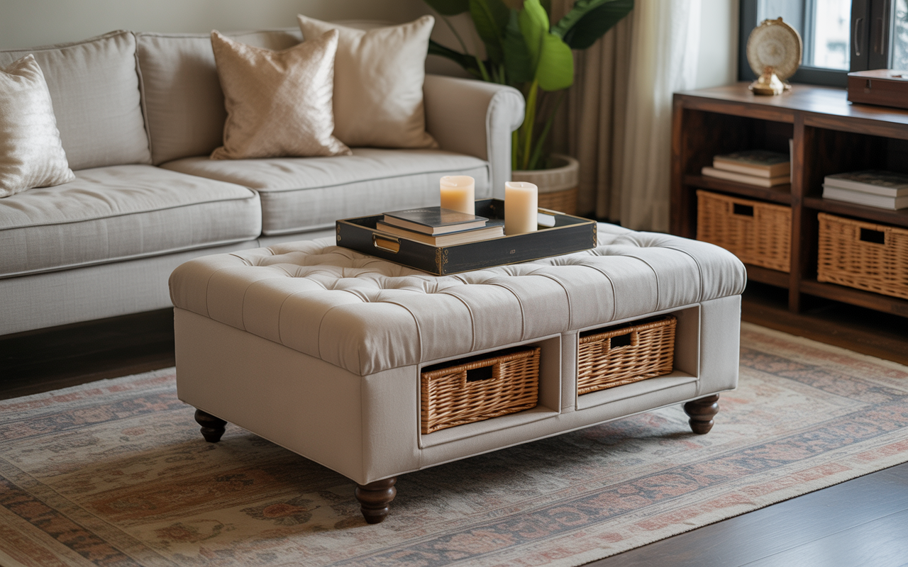 Decorating ottoman coffee table with tray books and candles