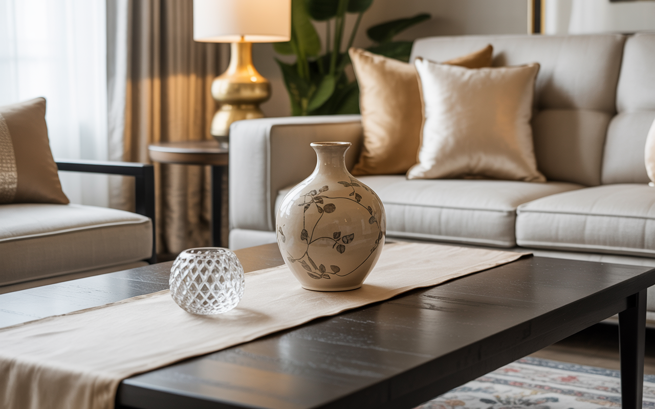 Elegant coffee table decor with ceramic vase and glass accent