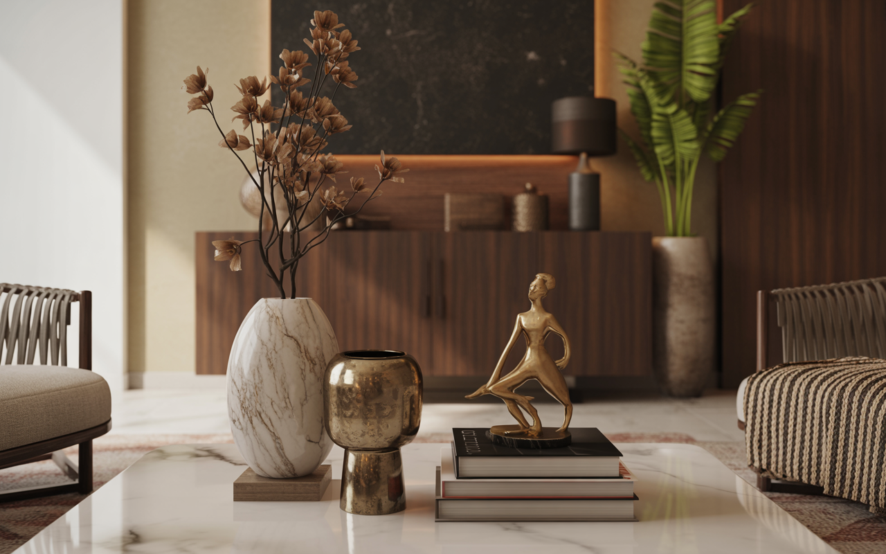 Elegant marble coffee table decor with books and gold statue