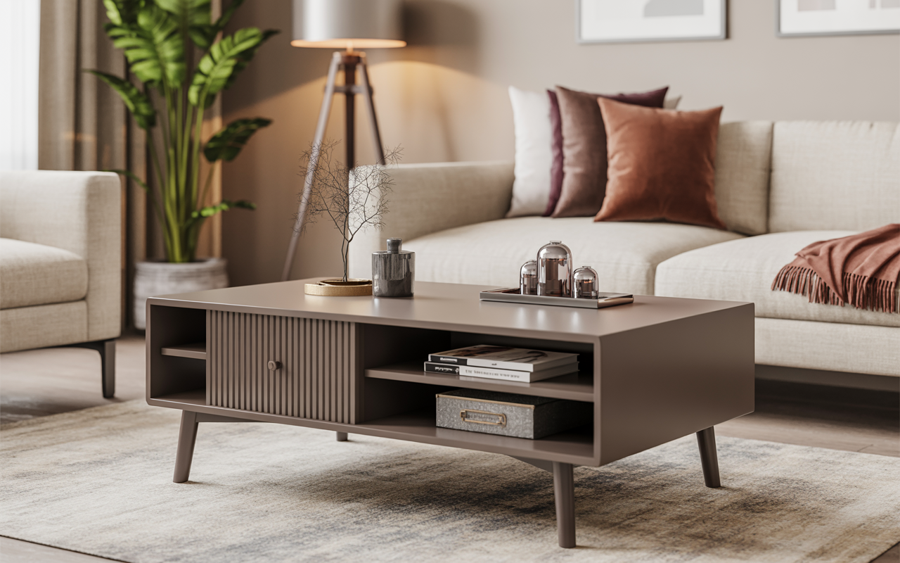 Coffee table modern design with books tray and minimal decor
