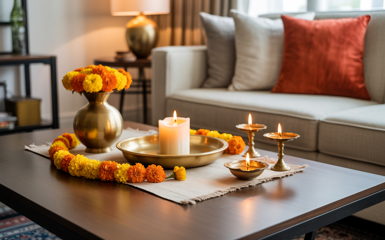 Festive coffee table decor with candles marigold and brass tray