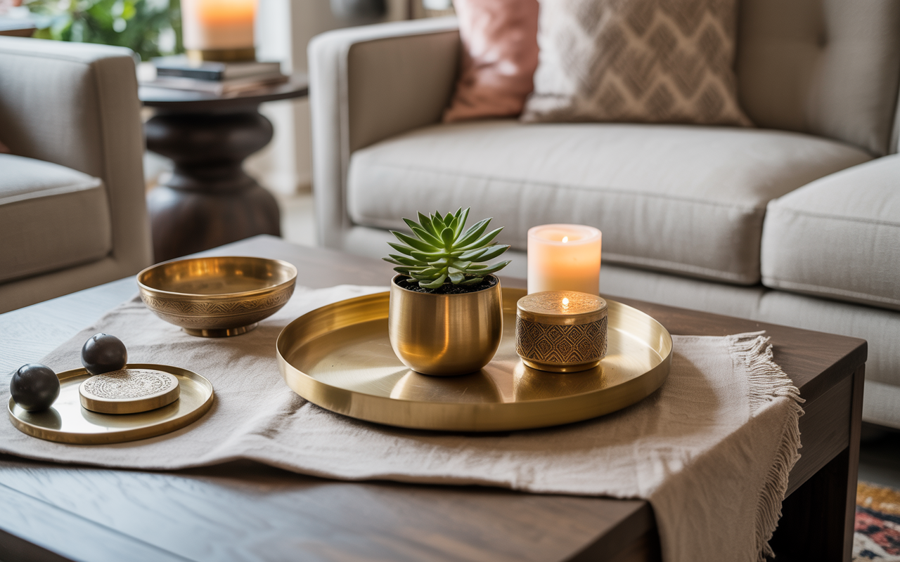 Traditional coffee table tray decor with candles succulent and gold accents