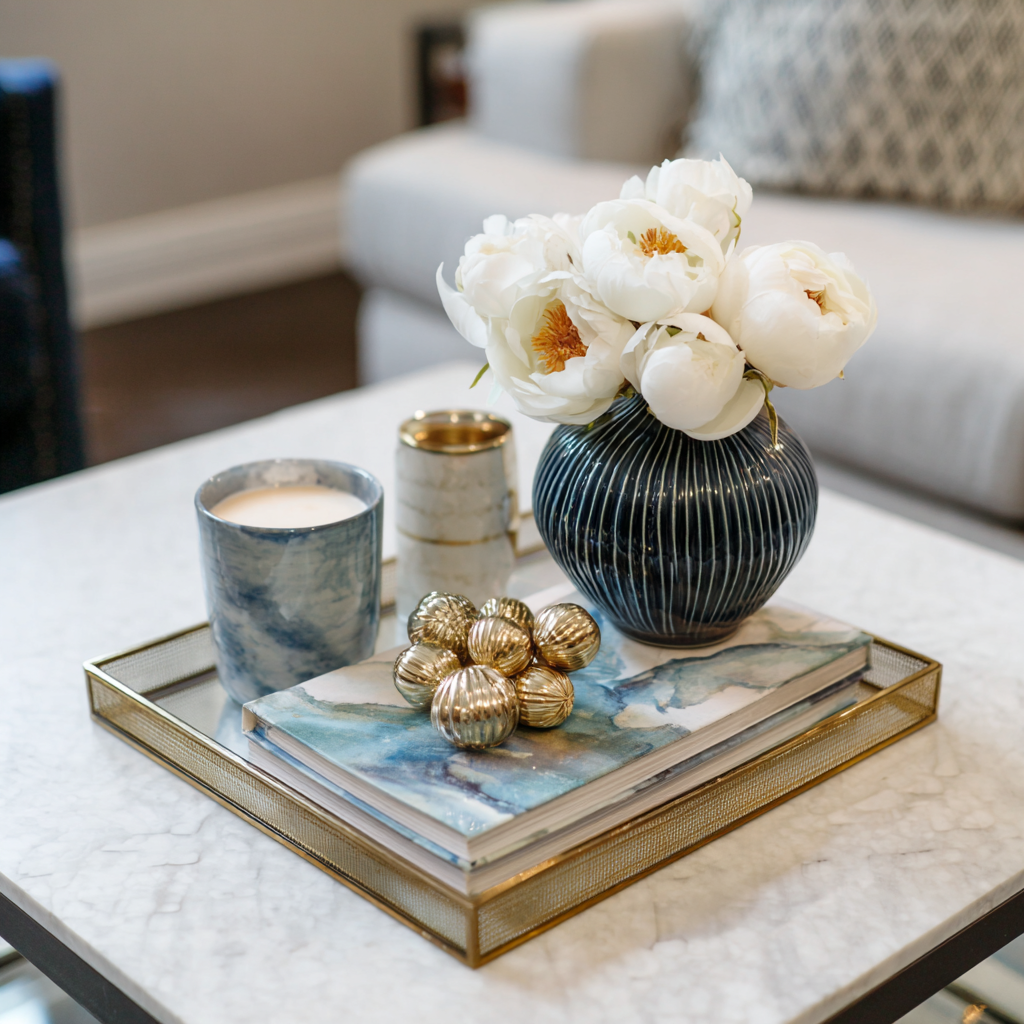 Modern coffee table decor with floral vase books and candles