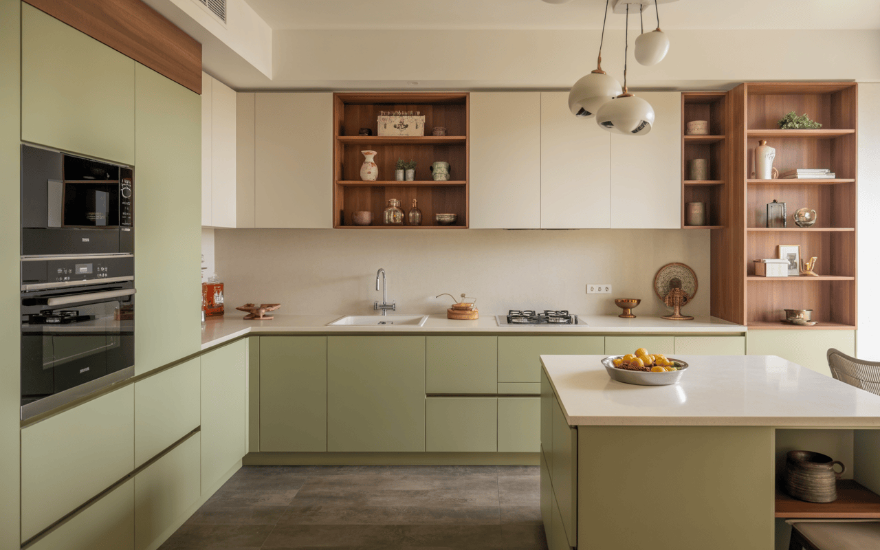 Elegant kitchen room design with soft green modular cabinets