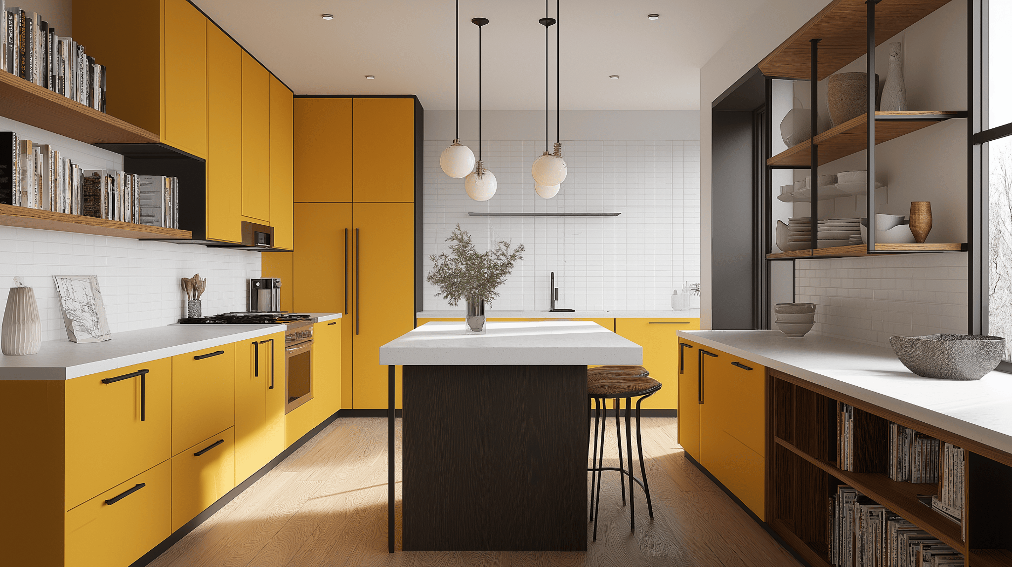 Vibrant kitchen room design with bold yellow modular cabinetry