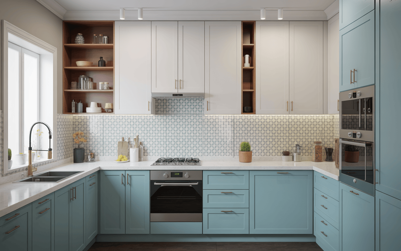 Charming kitchen room design with pastel blue and white cabinets