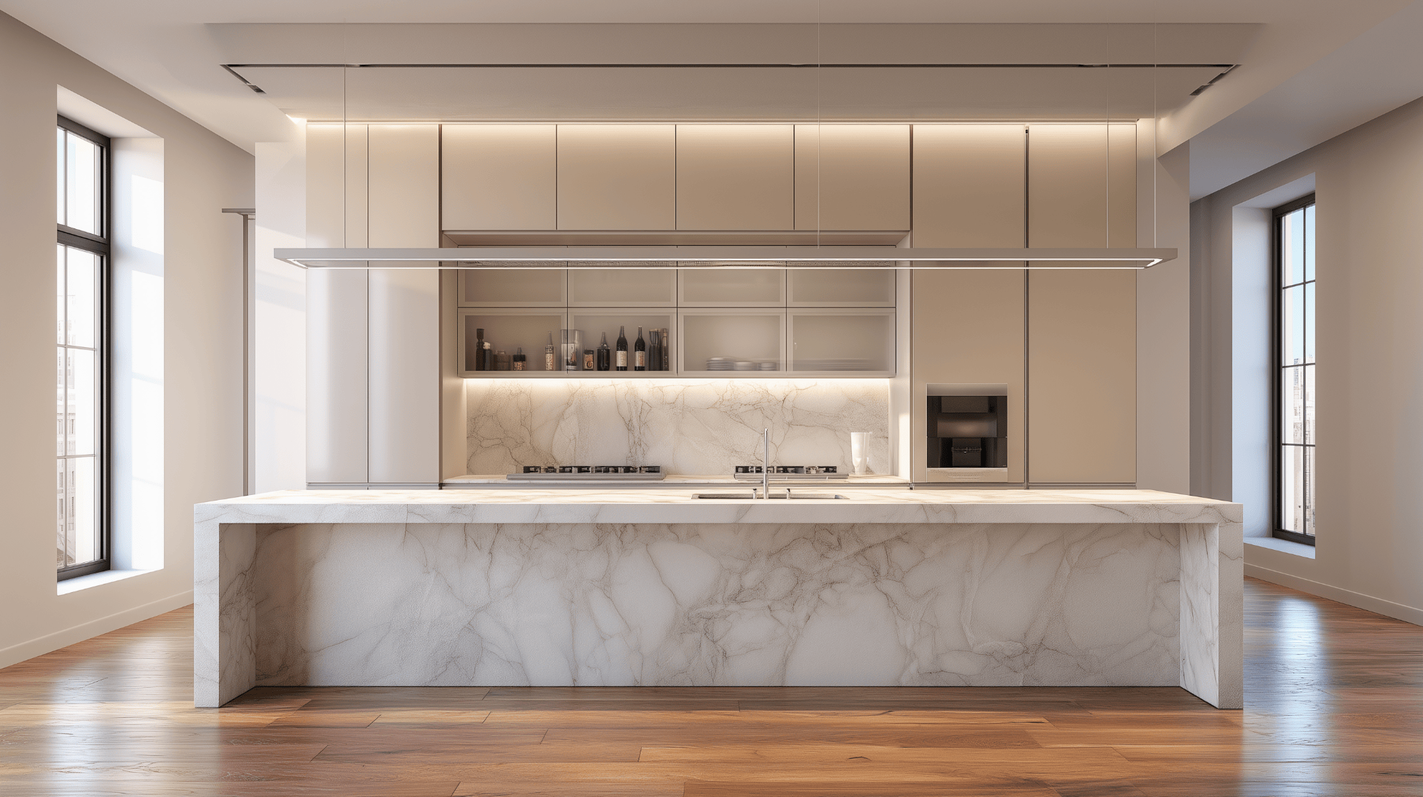 Marble kitchen room design with sleek modern island counter