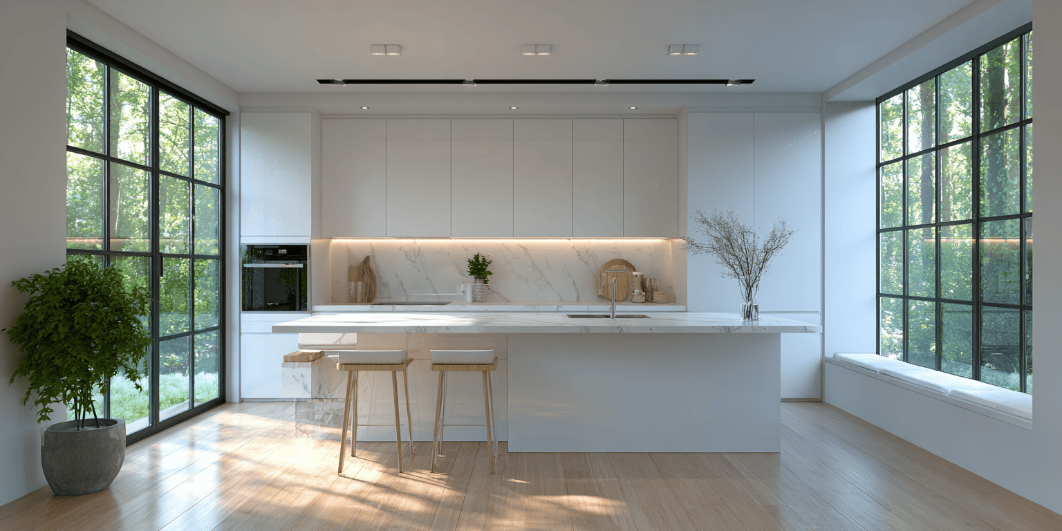Bright kitchen room design with large windows and marble accents