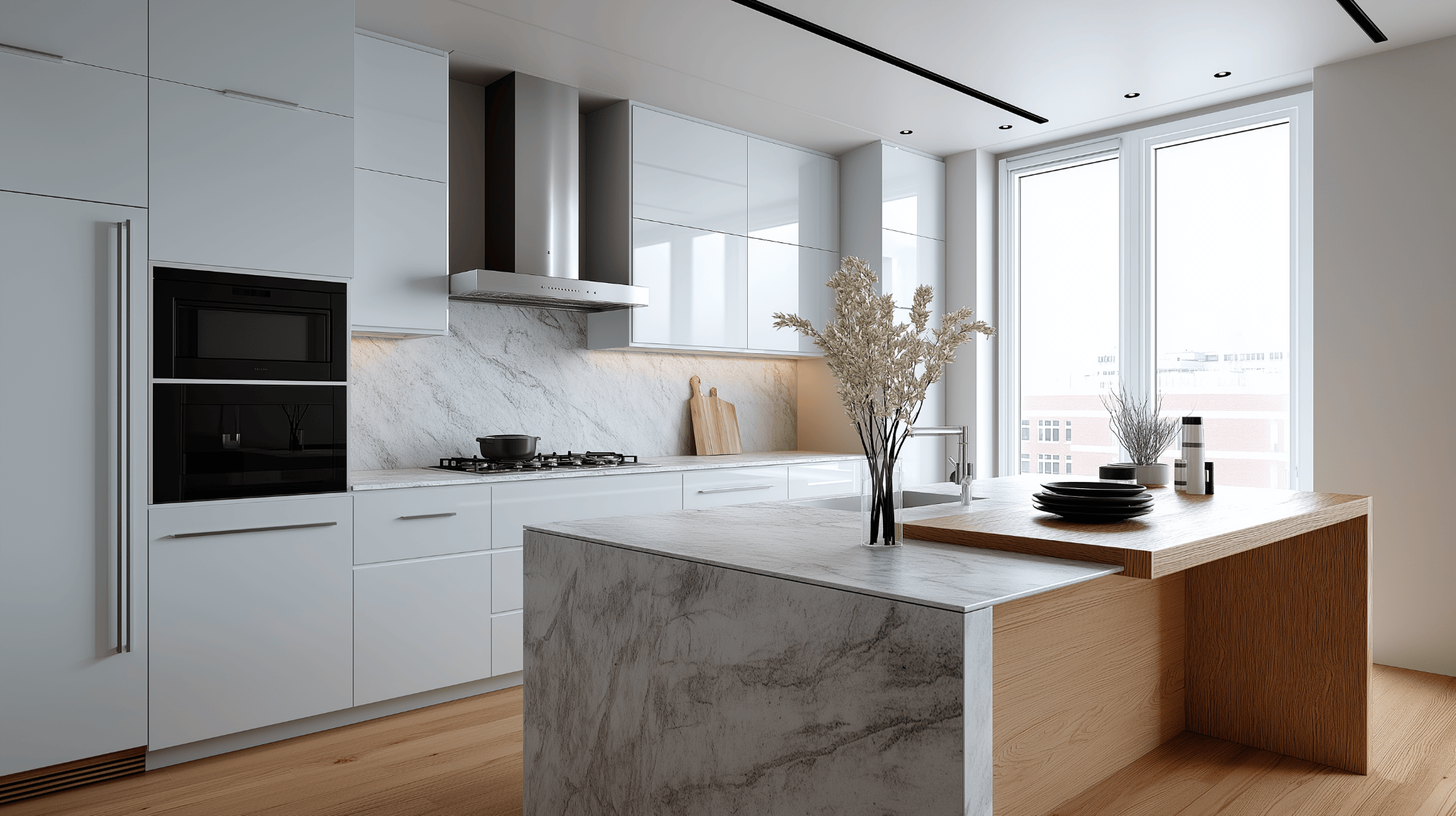 Minimalist kitchen room design with white and wooden elements