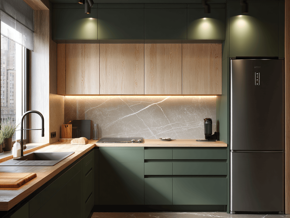 Modern kitchen room design with L-shaped cabinet and wood finishes